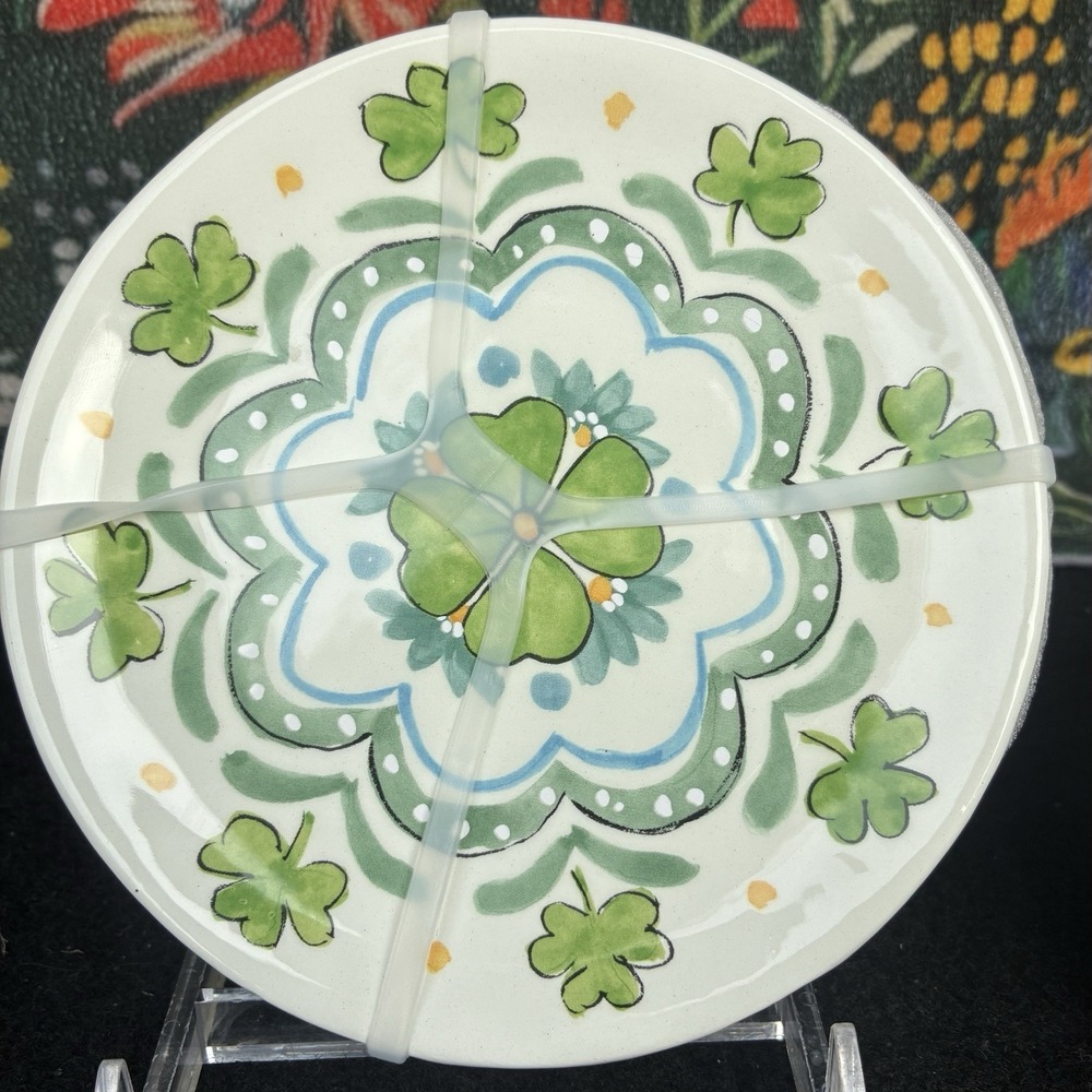 Maxcera Set Of 4 Ceramic Appetizer Plates Shamrocks NEW